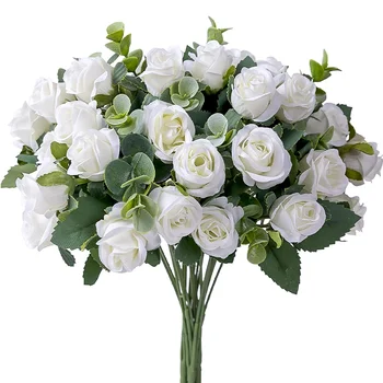 10 Cabeças de Flores Artificiais em Seda Rosa branco folhas de Eucalipto Peônia Buquê Falso de Flores para o Casamento de Mesa de Festa Vaso de Decoração de Casa