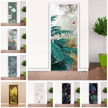 PVC DIY Auto-adesivo de Porta Etiquetas de Plantas Tropicais, Arte 3D Folhas, Flores de papel de Parede Para casa de Banho Sala de estar, Portas Impermeável