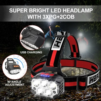 Super Brilhante, Faróis de LED Portable 3XPG+2COB Contas de Luz de Carregamento USB para o Acampamento de Aventura de Caça, a Pesca da Noite Execução da Lâmpada