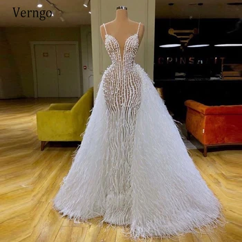 Verngo De Luxo Em Dubai Vestido De Casamento Do Laço Pena De Trem Destacável Pérolas Cintas De Espaguete Sereia Vestidos De Noiva Personalizados Feitos