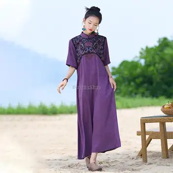 2023 nacional chinês de estilo novo de mulheres stand gola manga curta vintage bordado vestido de jacquard moda roxo vestido longo s279