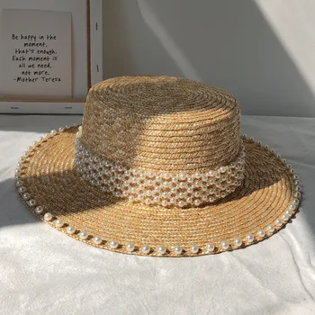 Mulheres de Verão, Chapéu de Sol, Chapéus de Topo Plano de Proteção solar Boné Feminino Trave do Grande Chapéu de Aba Larga do Chapéu de Palha Férias Pérola de Tecelagem, Praia Hat