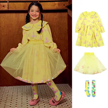 O coreano Criança Roupas de Meninas Vestido de Princesa 2023 Novo Outono Criança Flor Amarela Bola Crescido Vestidos de Saias, as Crianças Vestimentas de
