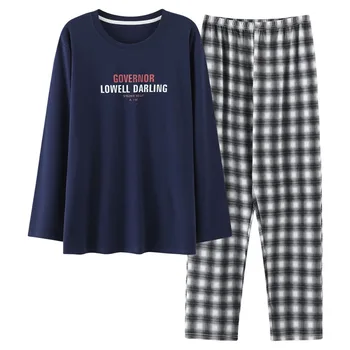 Casual Algodão Listrado Pijamas Loungewear Simples Cartas de Impressão Bolso do Pijama Define o Homem Primavera Verão Pijamas para Homens de Dormir