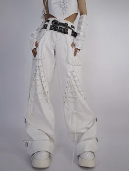 Nova Primavera, Outono Streetwear Harajuku Punk Gótico Quente Menina Branca De Costura Curativo Calças Moda Cintura Alta Calças Soltas