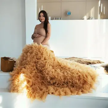 Ouro Babados Sereia Vestido de Maternidade para o Photoshoot Exuberante Gravidez Babyshower Vestido de Noiva para a Fotografia