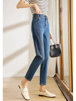 Vimly Harém Calças Jeans para Mulheres 2023 Primavera Moda Vintage Tornozelo Comprimento Sólido Azul High Street Denim, Calças de Bolsos Mais