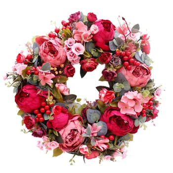 Decorativos, Porta Coroa de flores,de Seda, de Flor de Peônia Cabeça de Flor, Coroa de flores 40cm Artesanal Garland para o Outono Inverno ao ar livre Visor Vermelho