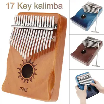 17 Teclas de Azul de Café de Madeira Kalimba Polegar Piano Superfície Brilhante de Mogno com Mão de Guarda Mbira Instrumento Musical