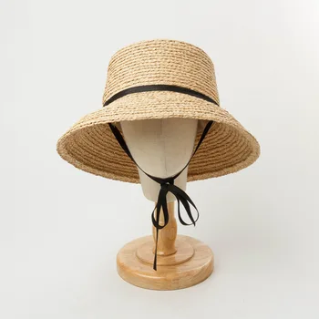 202008-HH6015 verão artesanal de ráfia grama de férias preto longa fita de sol de crianças cap crianças de lazer chapéu
